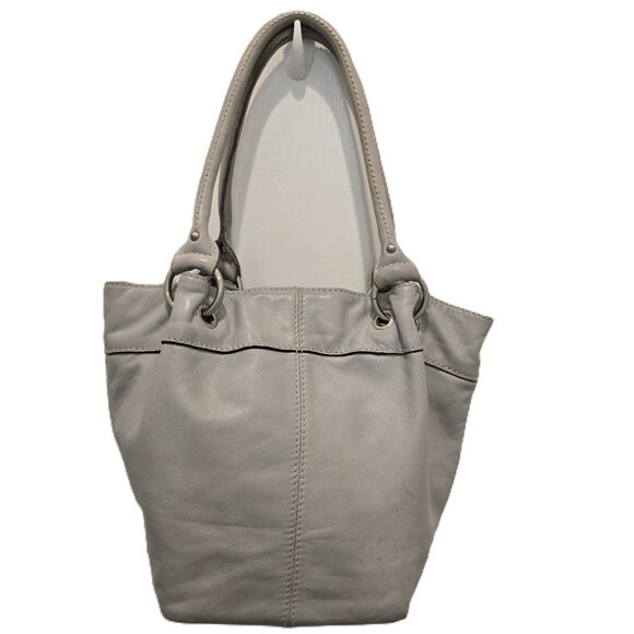 Tignanello Gray Leather Tote Bucket Bag With Striped Interior Double Handles - Picture 3 of 13
